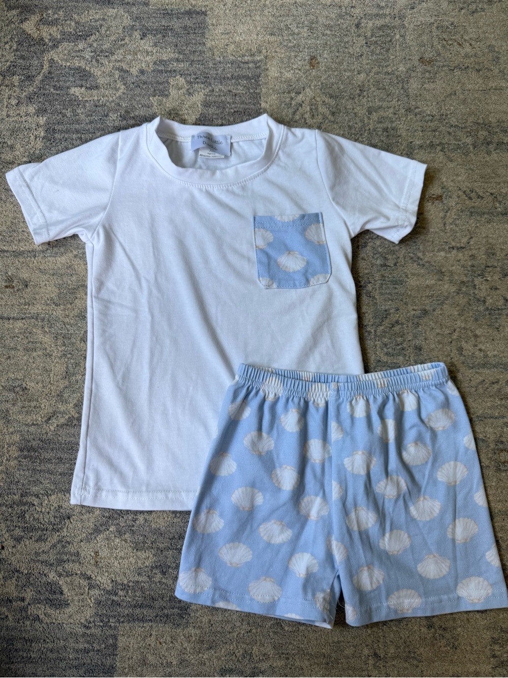 Three Little Ducks 2pc Boys Shorts Boutique Set - White Tee Blue Seashell Shorts
